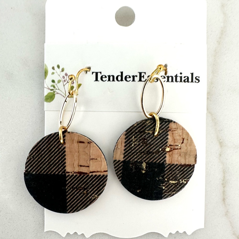 TenderEssentials Black and Tan Plaid Cork Earrings with Gold Accent